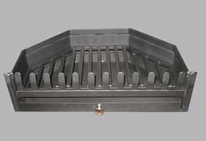 Grate and pan for corner fireplace